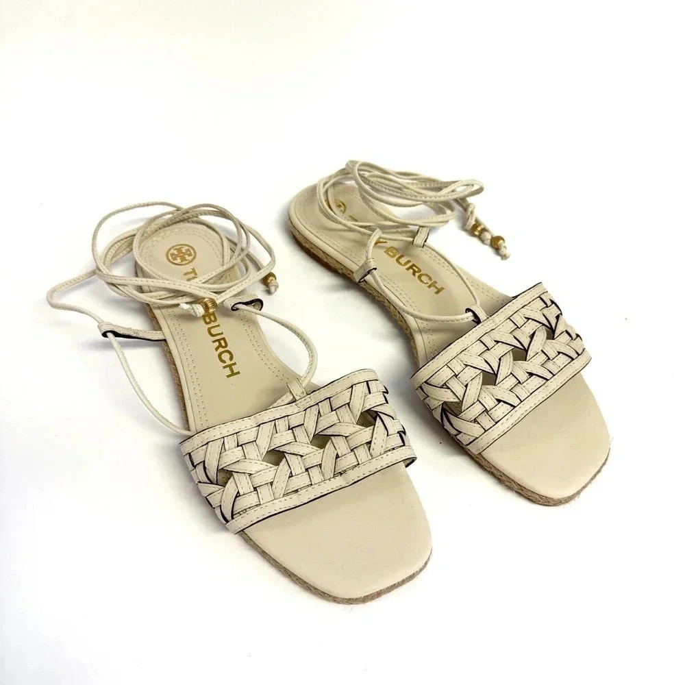 NWOT Tory Burch Caning Ankle-Wrap Leather Espadrille Sandals - Picture 2 of 6